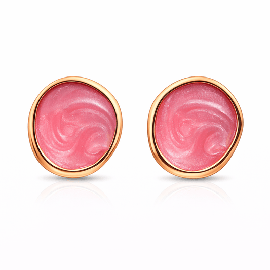 Gold Tone Round Pink Enamel Stud Earrings with Glossy Finish
