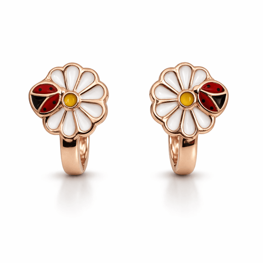 Rose Gold Tone Daisy Flower Earrings with Ladybug Enamel Detail