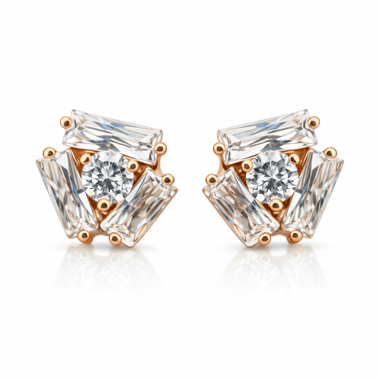 Gold Tone Geometric CZ Stud Earrings with Baguette and Round Stones Description: