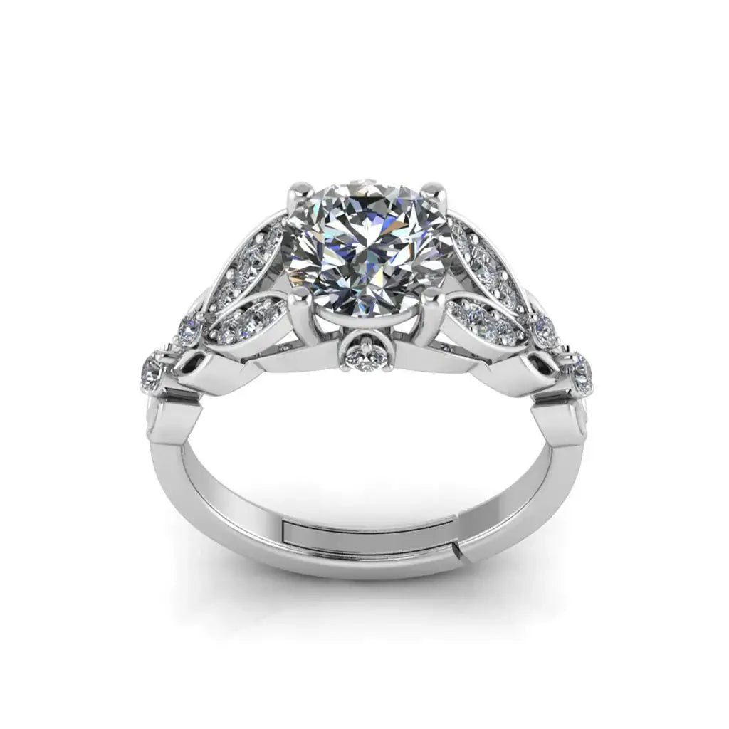 Silver Tone Solitaire CZ Ring with Leaf Side Detailing Elegant Design