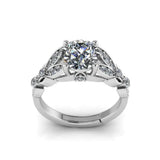 Silver Tone Solitaire CZ Ring with Leaf Side Detailing Elegant Design