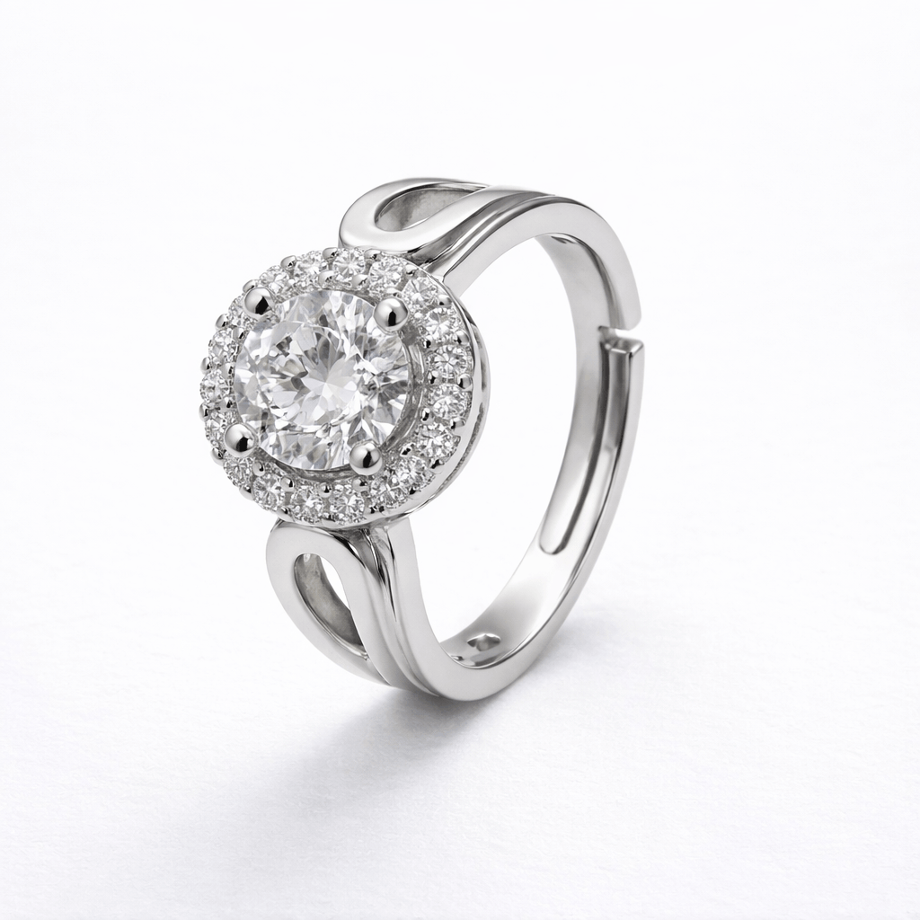 Silver Tone Round Halo Ring with CZ Center and Swirl Band Design