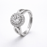 Silver Tone Round Halo Ring with CZ Center and Swirl Band Design