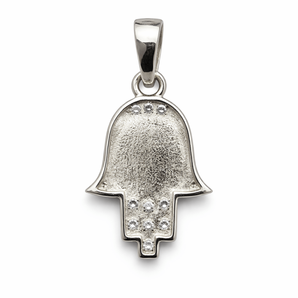 Silver Tone Evil Eye Hamsa Pendant with CZ Studded Protective Charm Design