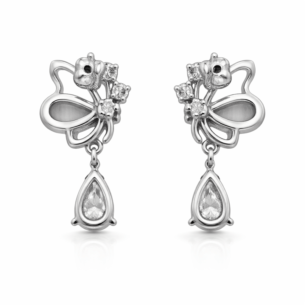 Silver Tone Butterfly Drop Earrings with CZ Stones and Teardrop Crystal
