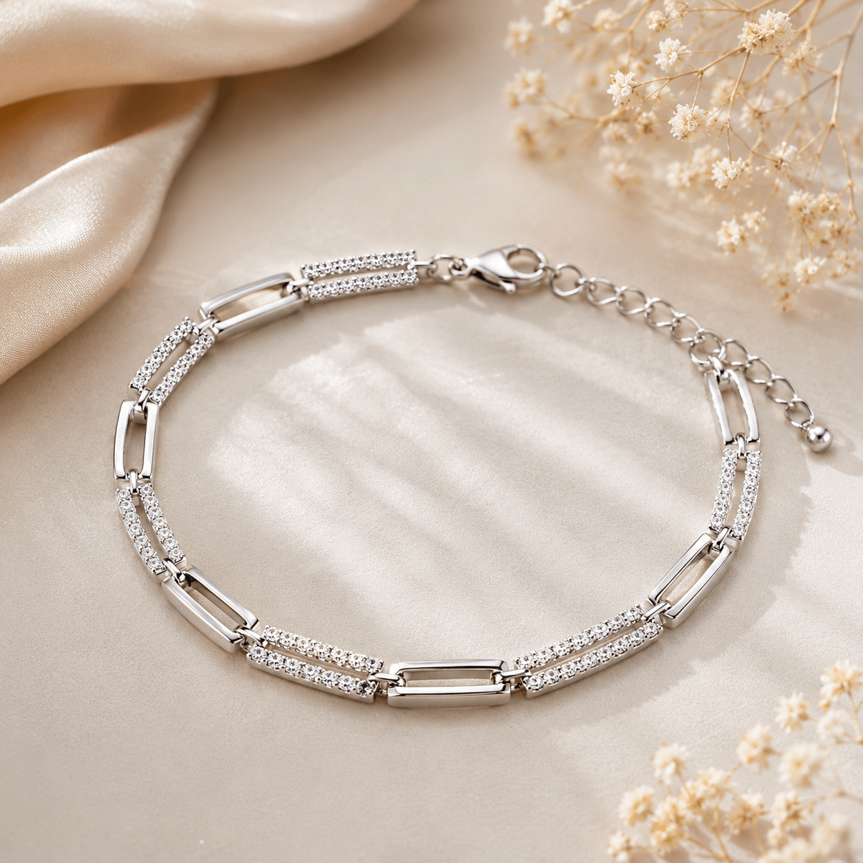 Dual CZ Link Bracelet in 925 Sterling Silver