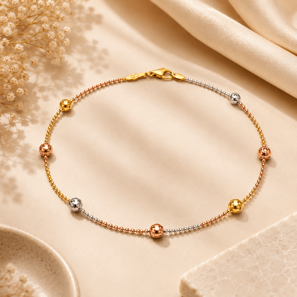 Tri Tone Beaded Chain in 925 Sterling Silver