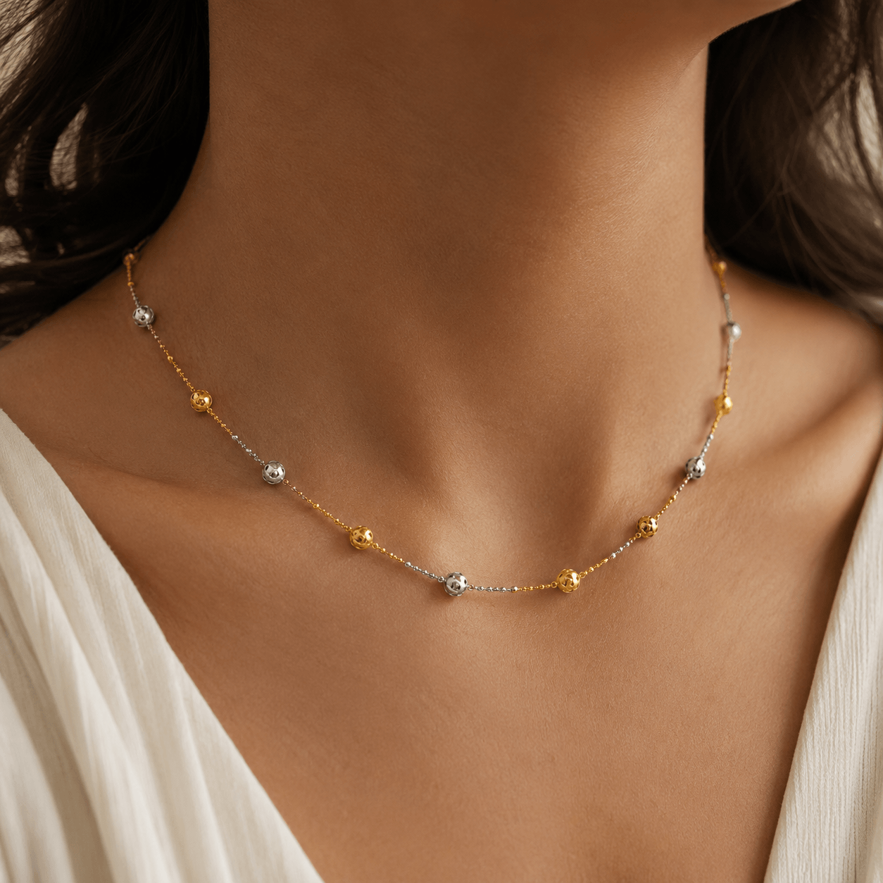 Tri Tone Beaded Chain in 925 Sterling Silver