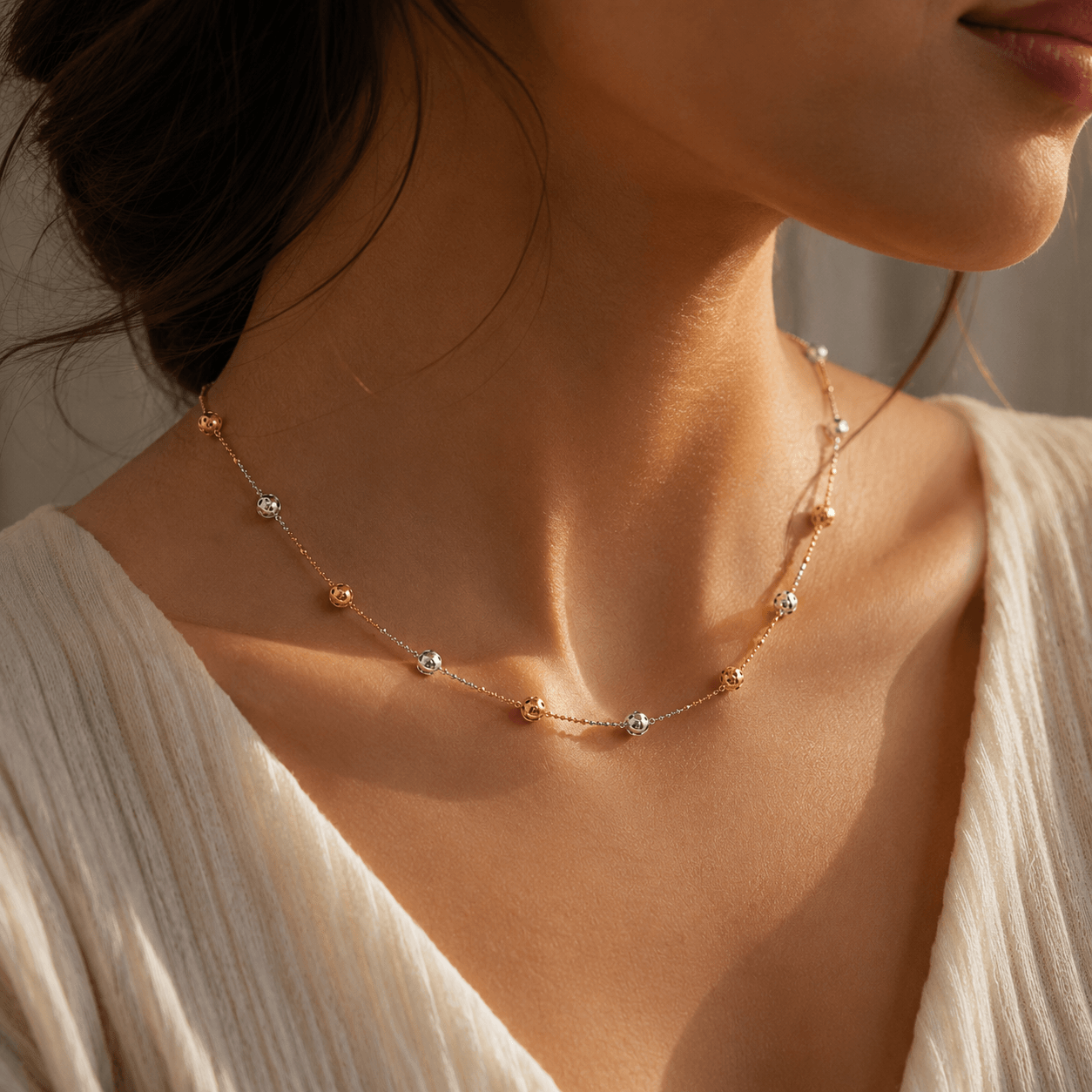 Tri Tone Beaded Chain in 925 Sterling Silver