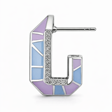 Silver Tone Enamel Hoop Earrings with Blue Purple Panels and CZ Accents