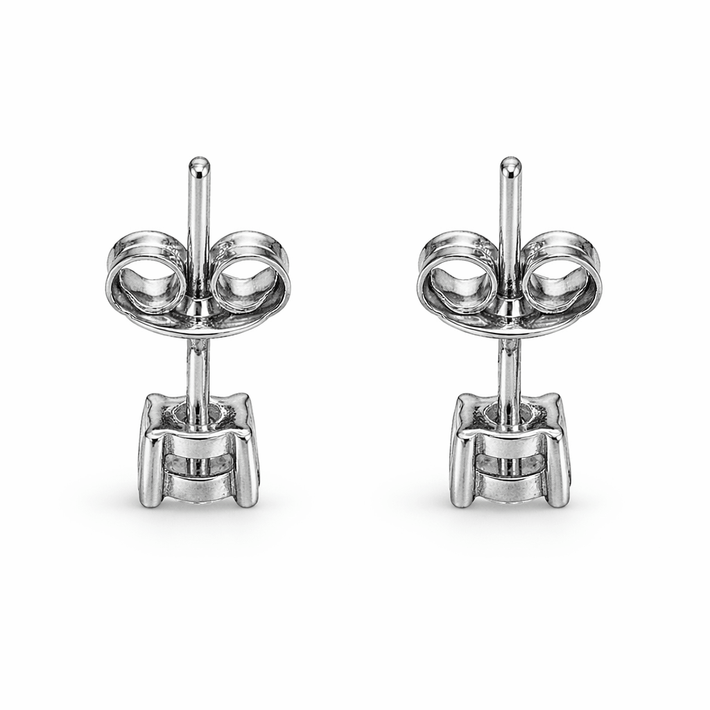 Silver Tone Solitaire Stud Earrings with Round CZ Stone Classic Design