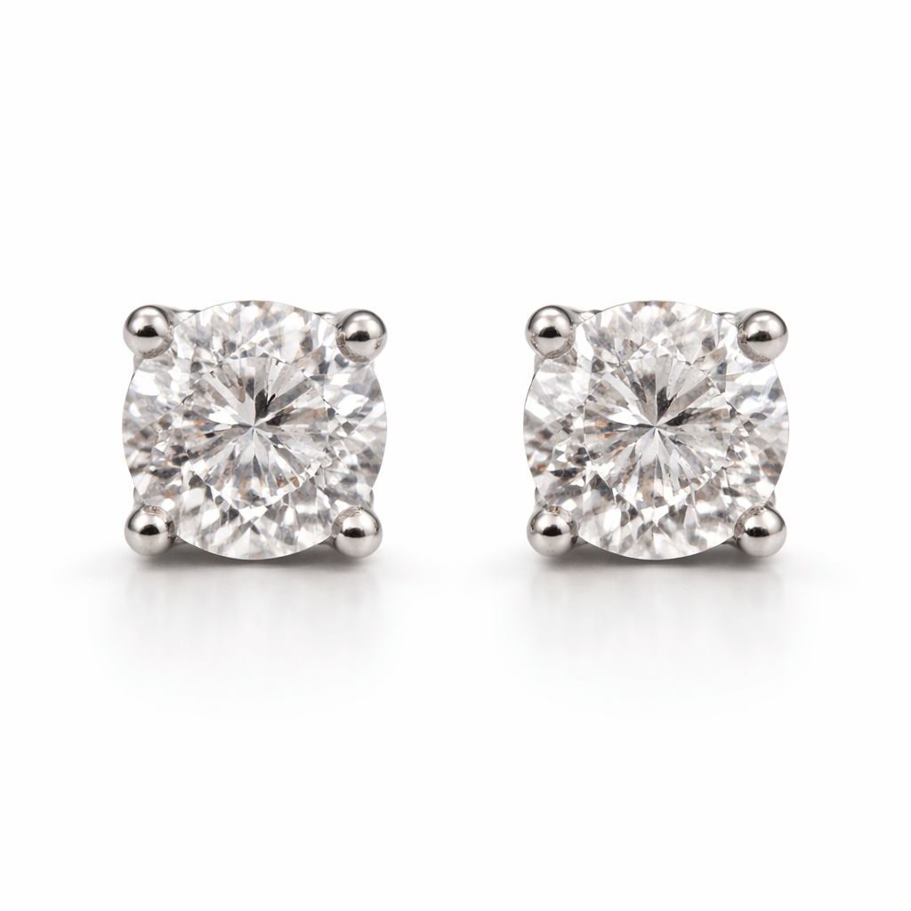 Silver Tone Solitaire Stud Earrings with Round CZ Stone Classic Design