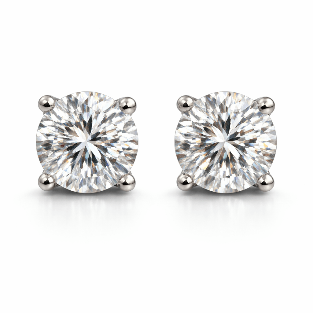 Silver Tone Round CZ Solitaire Stud Earrings with Brilliant Cut Shine