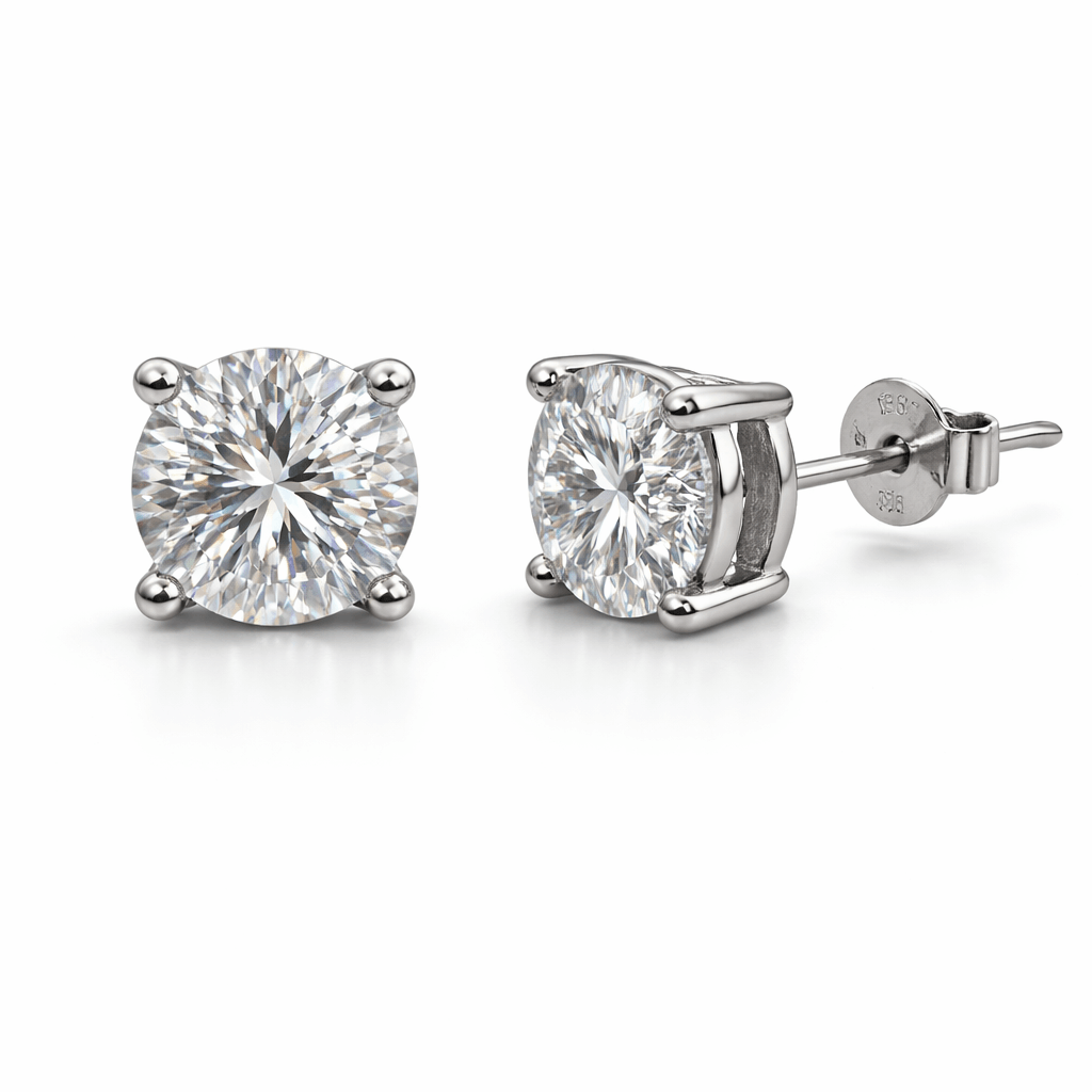 Silver Tone Round CZ Solitaire Stud Earrings with Brilliant Cut Shine