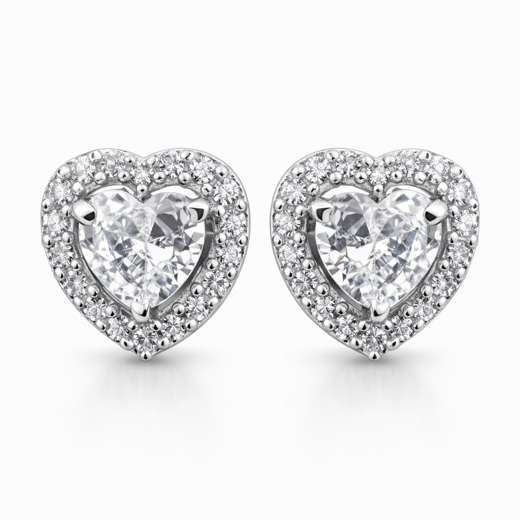 Silver Tone Heart Stud Earrings with CZ Halo and Sparkling Center Stone