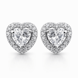 Silver Tone Heart Stud Earrings with CZ Halo and Sparkling Center Stone