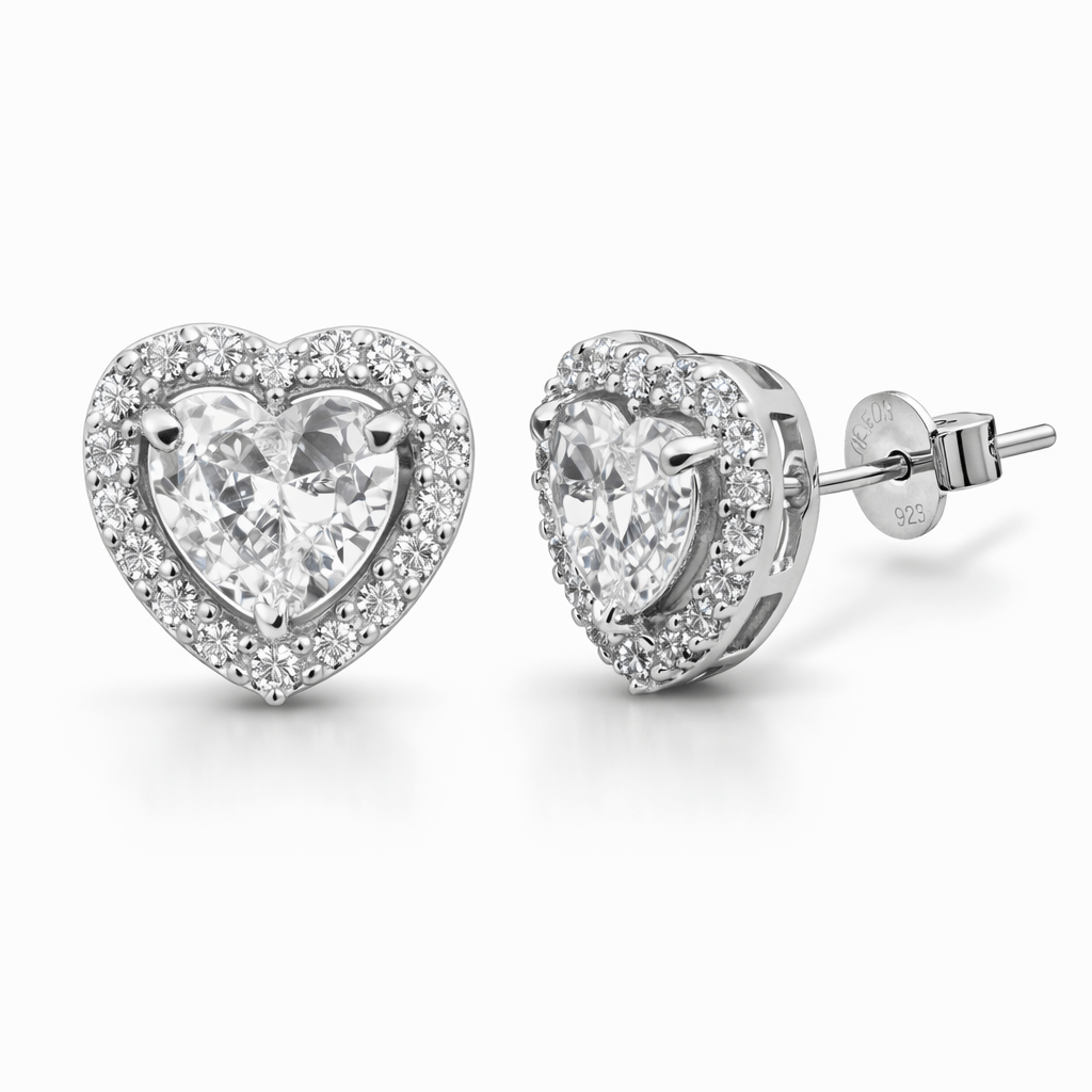 Silver Tone Heart Stud Earrings with CZ Halo and Sparkling Center Stone