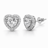 Silver Tone Heart Stud Earrings with CZ Halo and Sparkling Center Stone