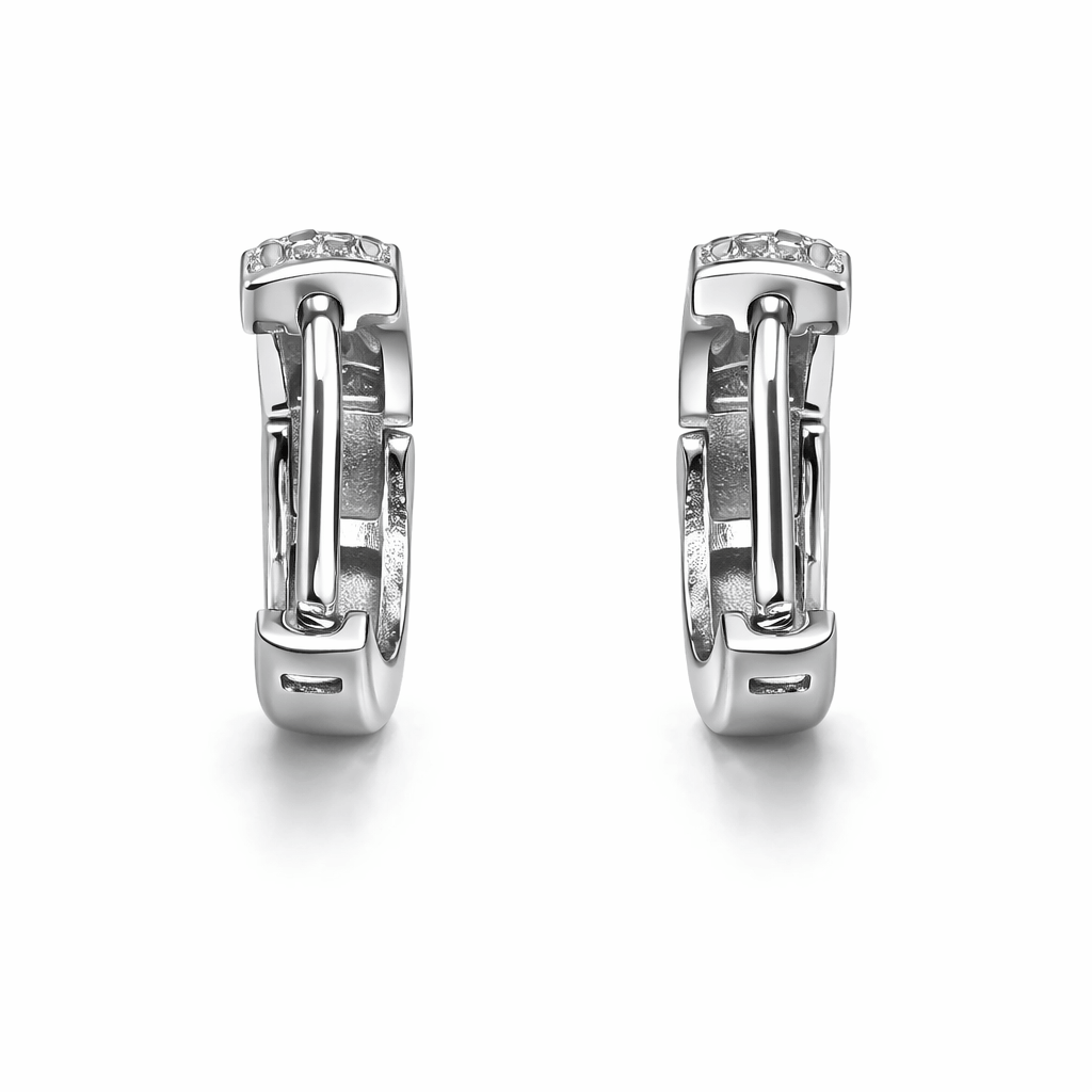 Silver Tone CZ Pave Hoop Earrings with Wide Band Sparkling Design