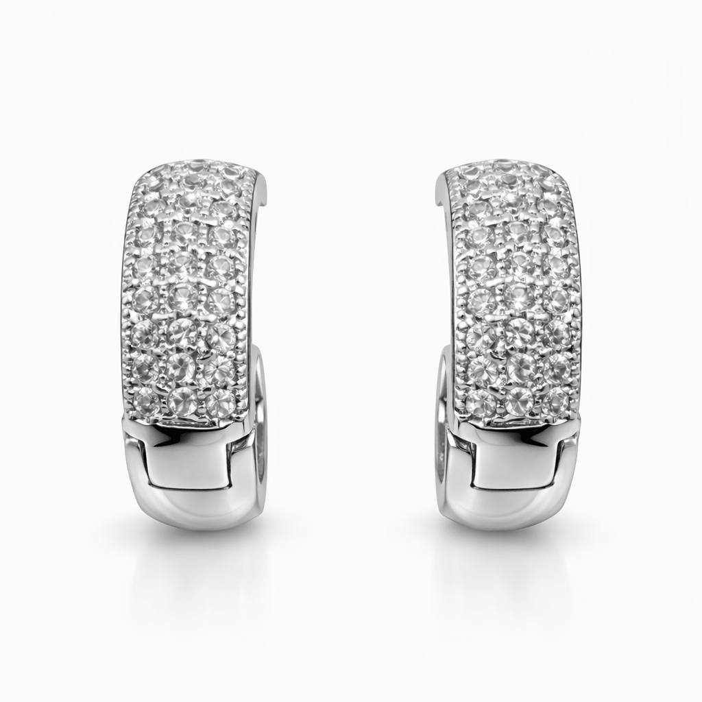 Silver Tone CZ Pave Hoop Earrings with Wide Band Sparkling Design