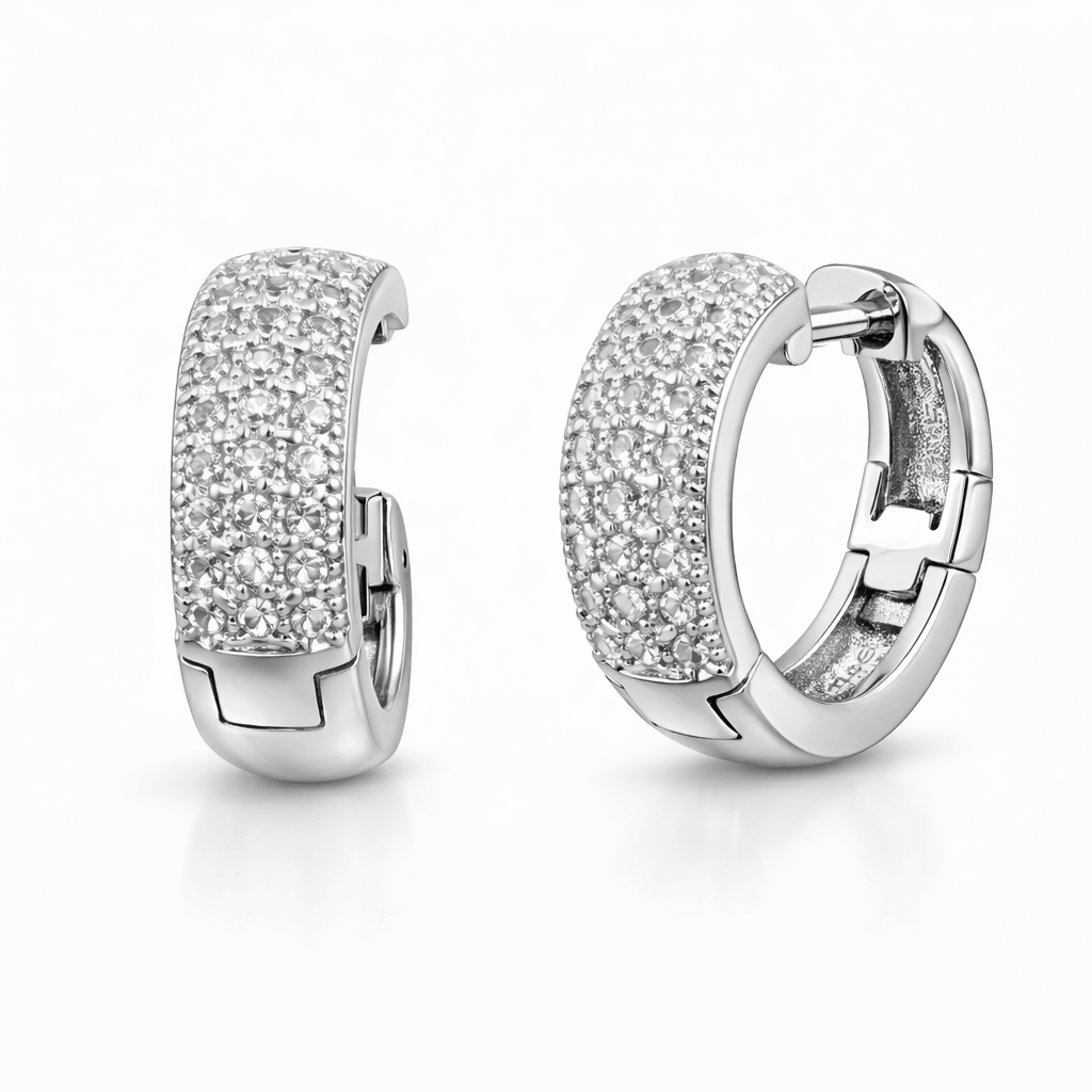 Silver Tone CZ Pave Hoop Earrings with Wide Band Sparkling Design