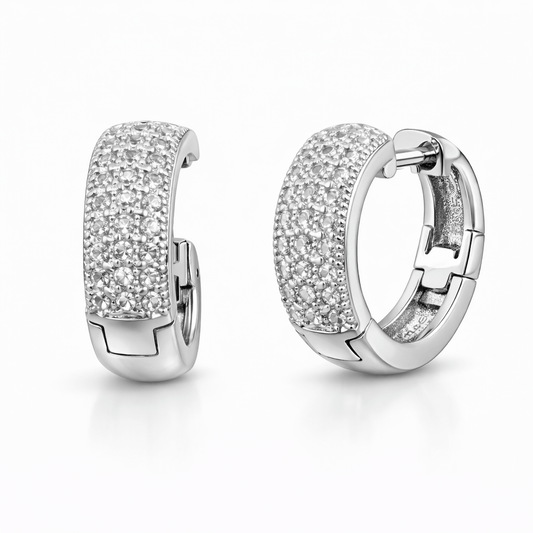 Silver Tone CZ Pave Hoop Earrings with Wide Band Sparkling Design