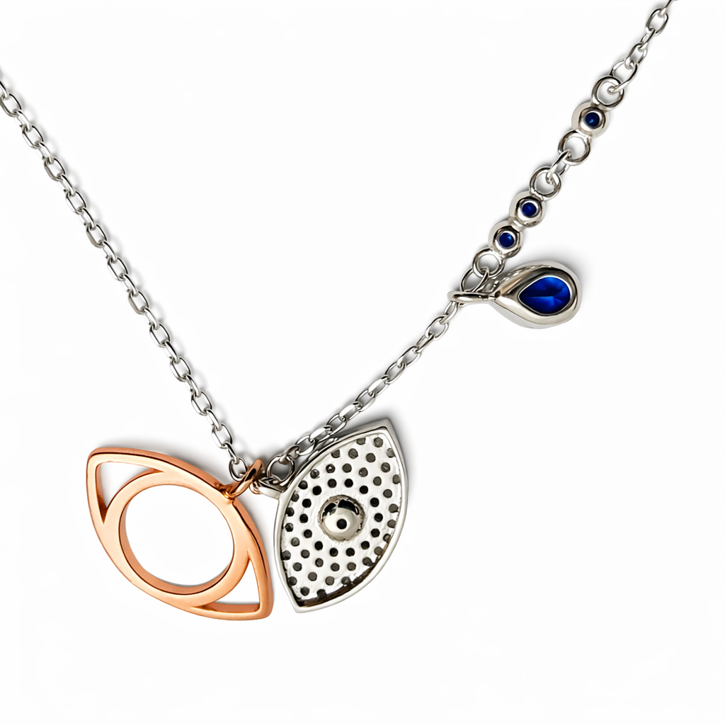 Silver and Rose Gold Tone Evil Eye Necklace with Blue Stone Accents