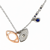 Silver and Rose Gold Tone Evil Eye Necklace with Blue Stone Accents