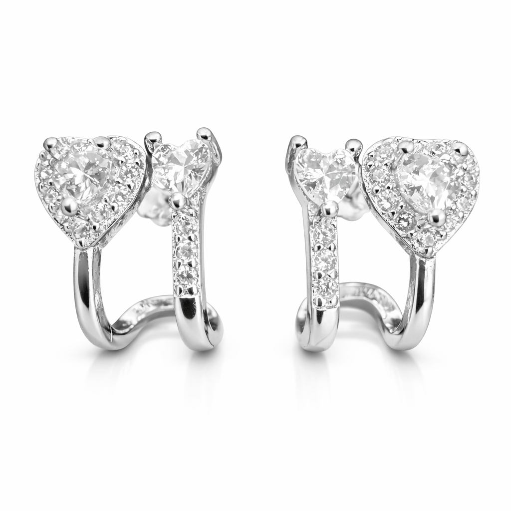 Silver Tone Heart Halo Huggie Earrings with Sparkling CZ Stones
