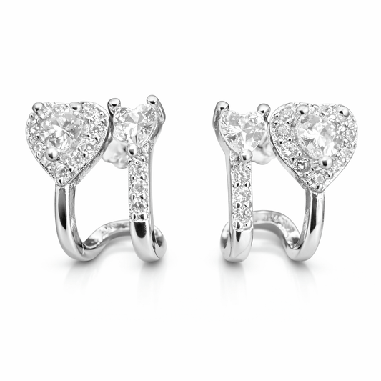 Silver Tone Heart Halo Huggie Earrings with Sparkling CZ Stones