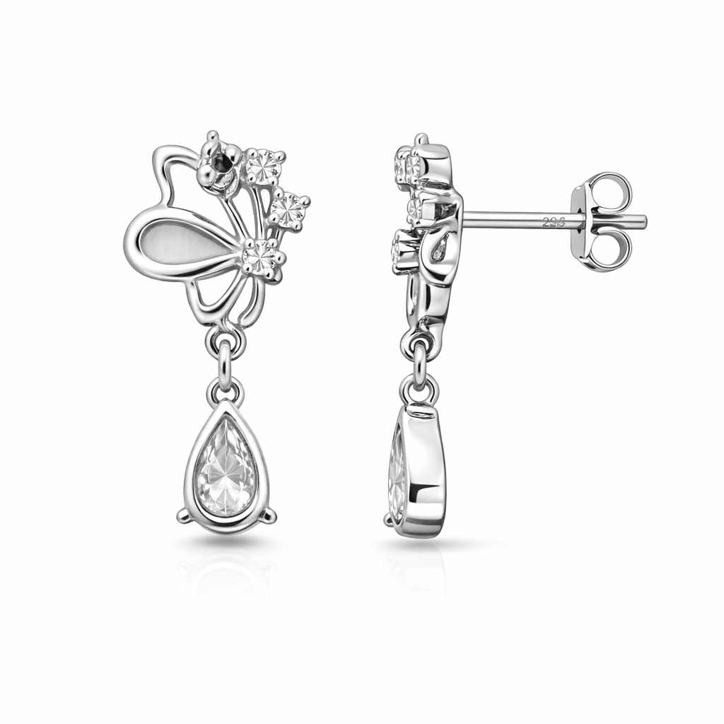 Silver Tone Butterfly Drop Earrings with CZ Stones and Teardrop Crystal