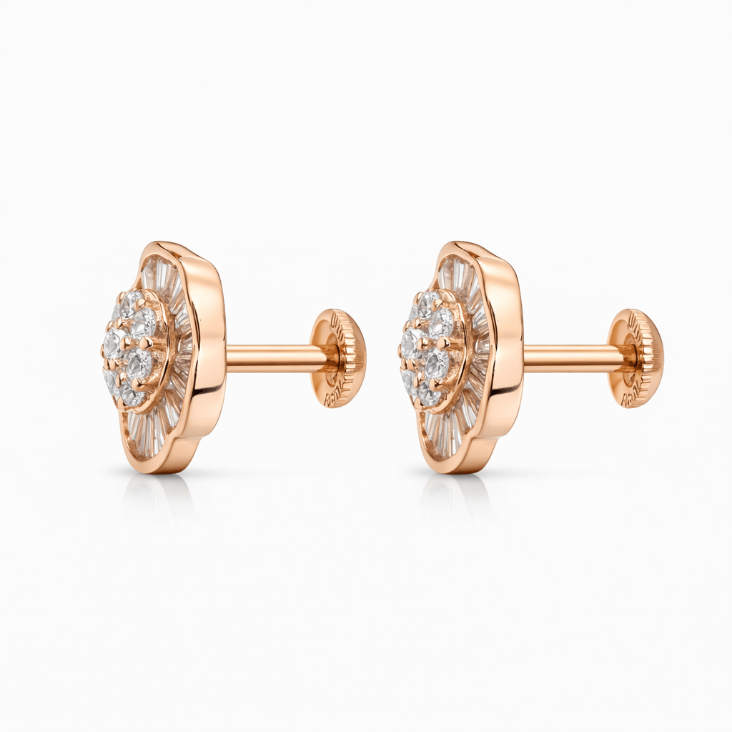 Rose Gold Tone Floral Stud Earrings with CZ Cluster and Radiant Halo Design
