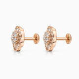 Rose Gold Tone Floral Stud Earrings with CZ Cluster and Radiant Halo Design