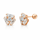 Gold Tone Geometric CZ Stud Earrings with Baguette and Round Stones  Description:
