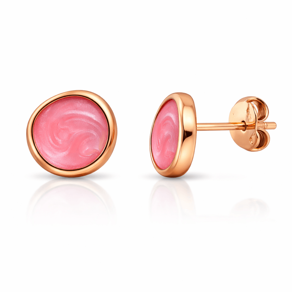 Gold Tone Round Pink Enamel Stud Earrings with Glossy Finish
