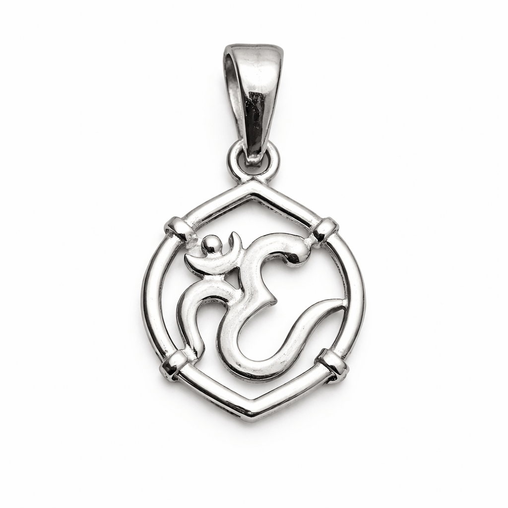 Silver Tone Om Symbol Pendant with Geometric Frame Spiritual Minimal Design
