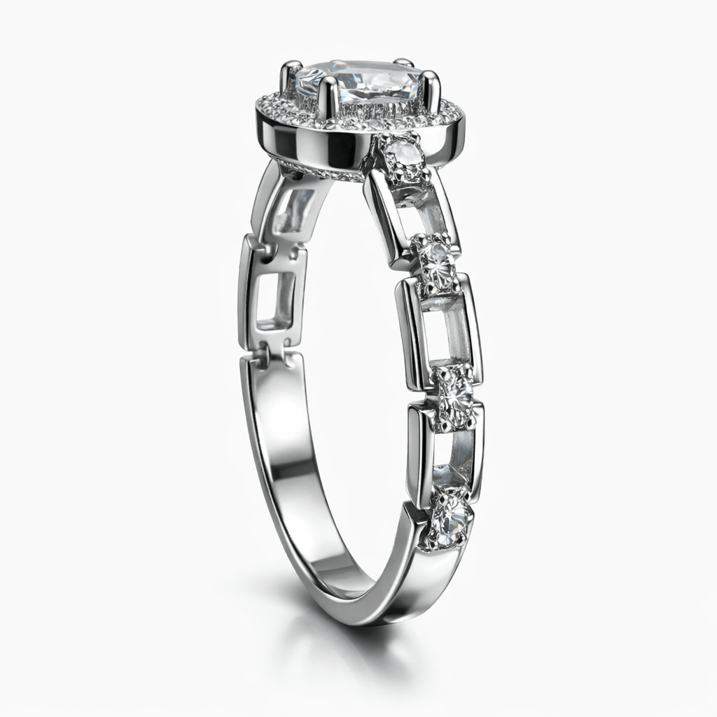 Silver-Tone Cushion Cut Solitaire Ring with Halo and Split Band Design