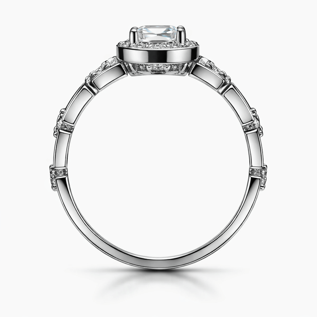 Silver-Tone Cushion Cut Solitaire Ring with Halo and Split Band Design
