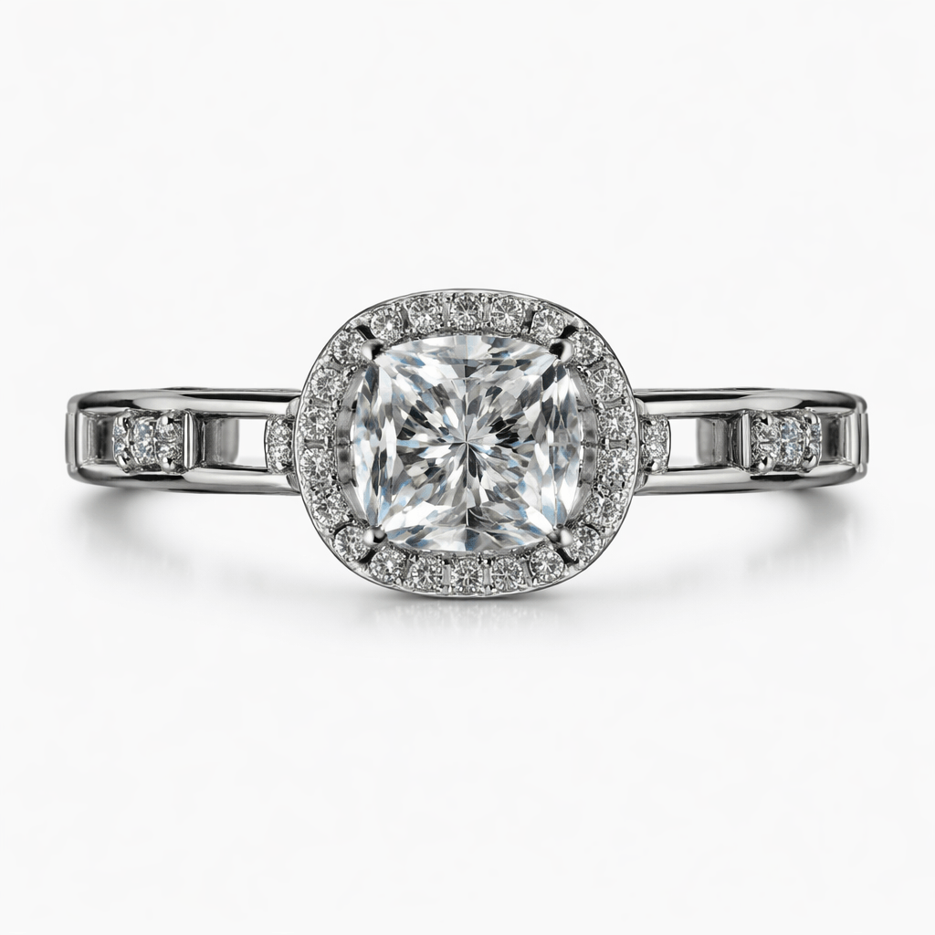 Silver-Tone Cushion Cut Solitaire Ring with Halo and Split Band Design
