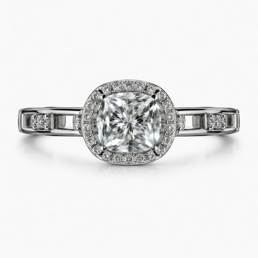 Silver-Tone Cushion Cut Solitaire Ring with Halo and Split Band Design