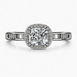 Silver-Tone Cushion Cut Solitaire Ring with Halo and Split Band Design