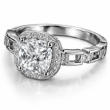 Silver-Tone Cushion Cut Solitaire Ring with Halo and Split Band Design