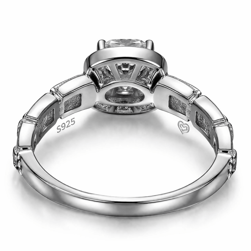 Silver-Tone Cushion Cut Solitaire Ring with Halo and Split Band Design
