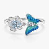Silver-Tone Floral Butterfly Open Ring with Blue Enamel and CZ Accent