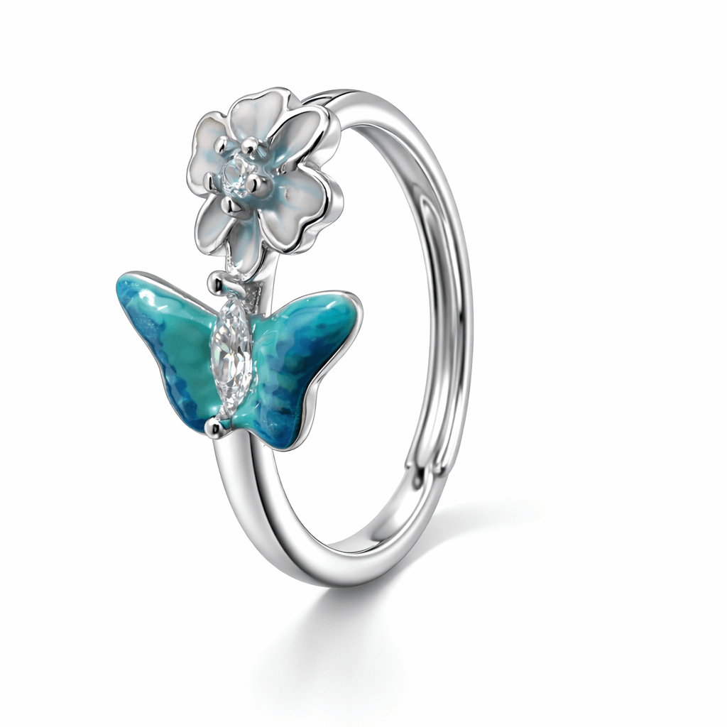 Silver-Tone Floral Butterfly Open Ring with Blue Enamel and CZ Accent