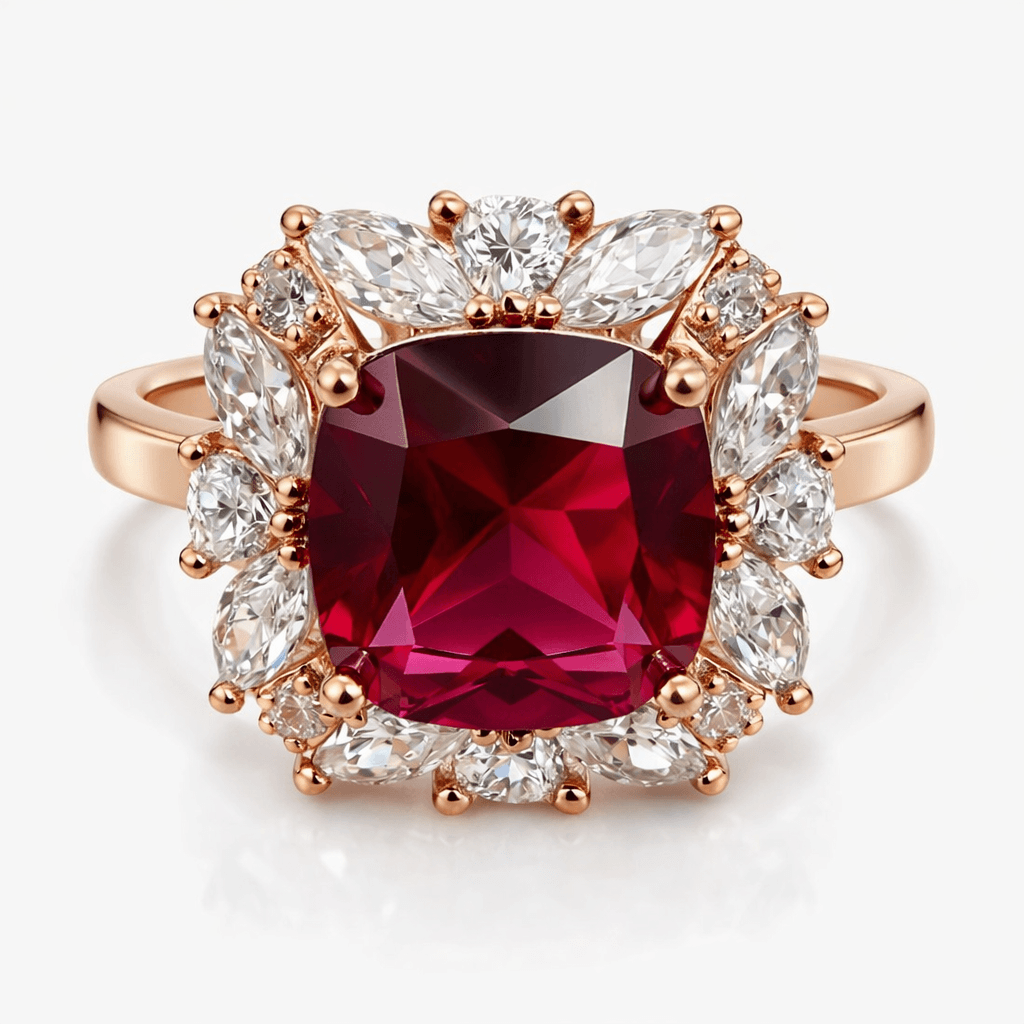 Rose Gold-Tone Cushion Cut Red Stone Ring with Floral Halo Design