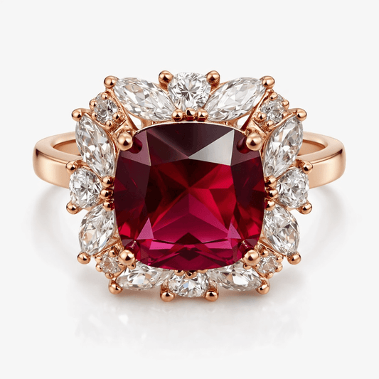 Rose Gold-Tone Cushion Cut Red Stone Ring with Floral Halo Design