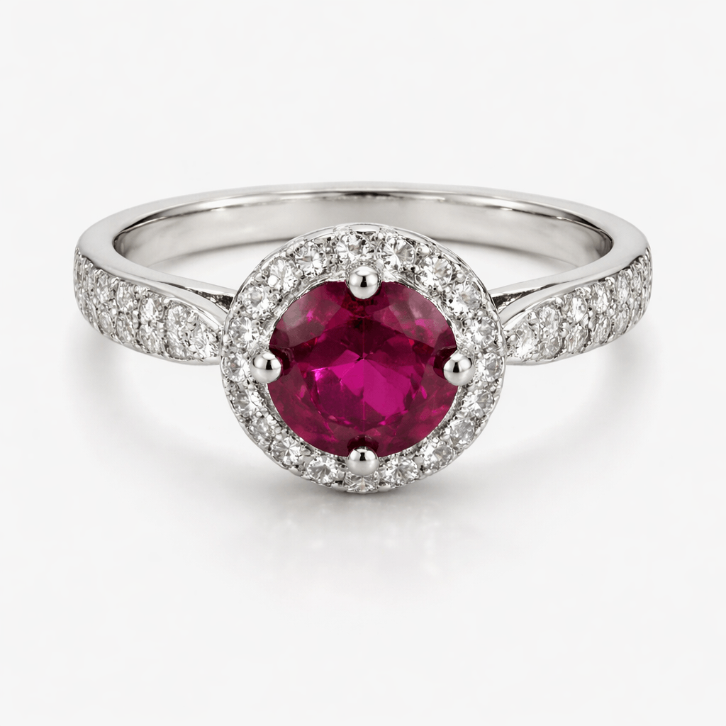 Silver-Tone Round Ruby-Coloured Stone Ring with Halo and Pavé Band