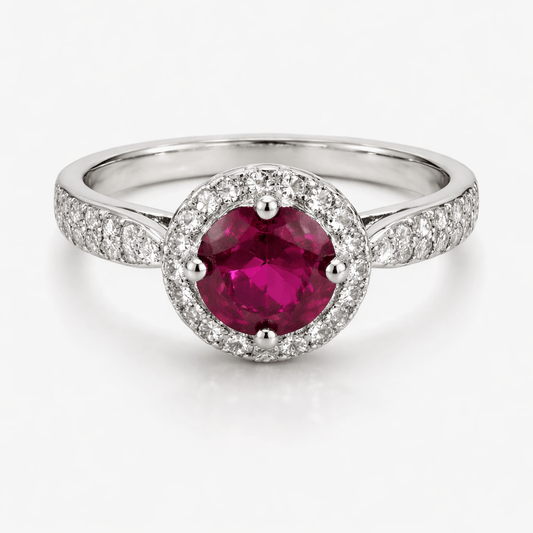 Silver-Tone Round Ruby-Coloured Stone Ring with Halo and Pavé Band