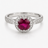 Silver-Tone Round Ruby-Coloured Stone Ring with Halo and Pavé Band